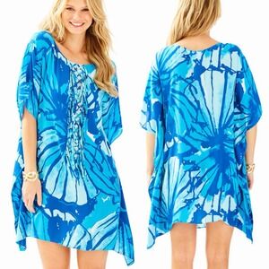 Lilly Pulitzer S/M Lindamarie Caftan Blue Tropical Beach Floral Cover Up Dress